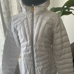 Lole Winter/Spring jacket. White with grey trim and yellow zipper.